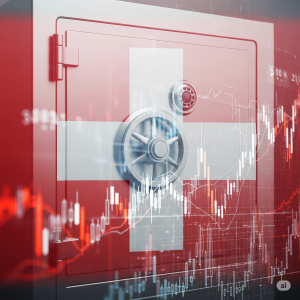 A Swiss flag subtly blended with a safe/vault door and digital financial charts.
