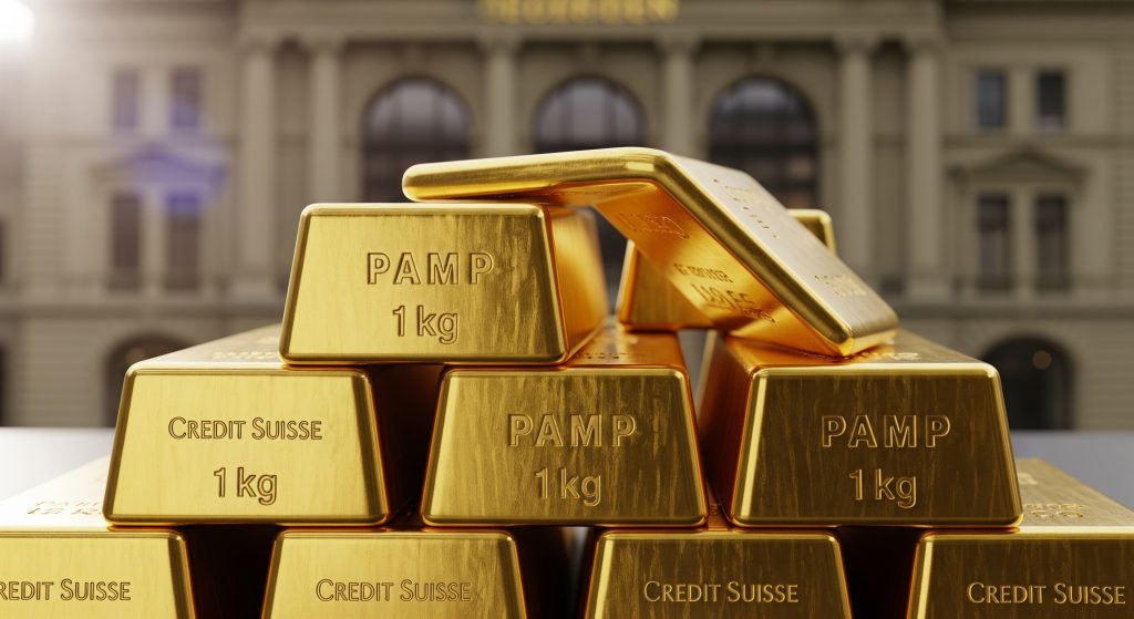 Close-up of physical gold bars with Swiss bank building in the background, symbolizing Swiss gold-backed accounts and secure investment.