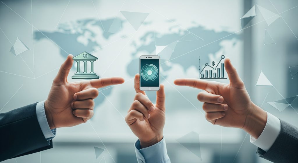 Illustration of banks and fintech companies shaking hands, representing collaborative banking in a competitive world.