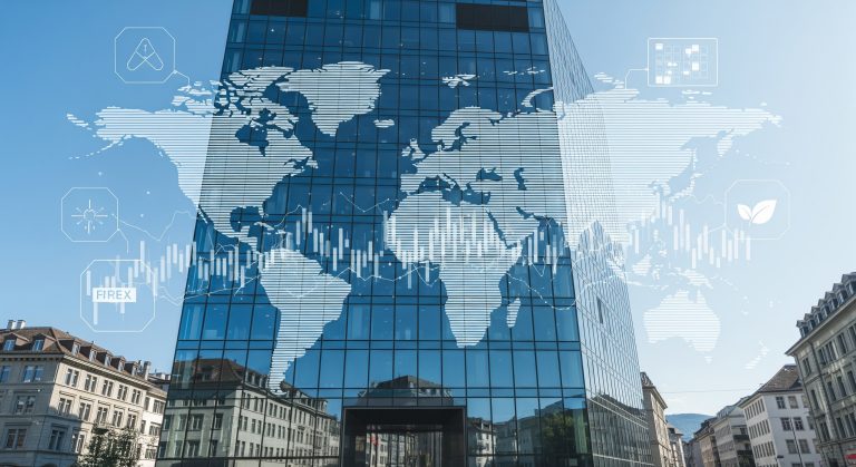 Glass office tower in Switzerland with world financial data overlays, symbolizing Swiss banks' global earnings outlook for Q3 2025.
