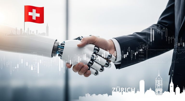 Futuristic AI interface shaking hands with a business professional, symbolizing AI-powered investment advisory in Swiss banking.