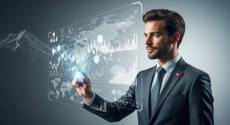 Swiss banker interacting with a futuristic digital financial interface representing cross-border banking innovation and global connections.