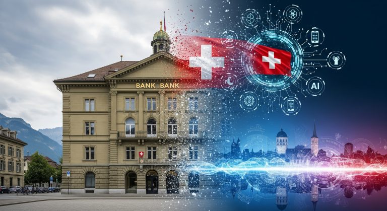 Illustration symbolizing fintech startups transforming Swiss banking by 2025, blending traditional finance with modern technology.