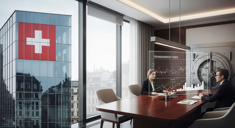 Illustration representing private banking fees in Switzerland with financial graphs and Swiss banking elements, highlighting transparency and future trends.