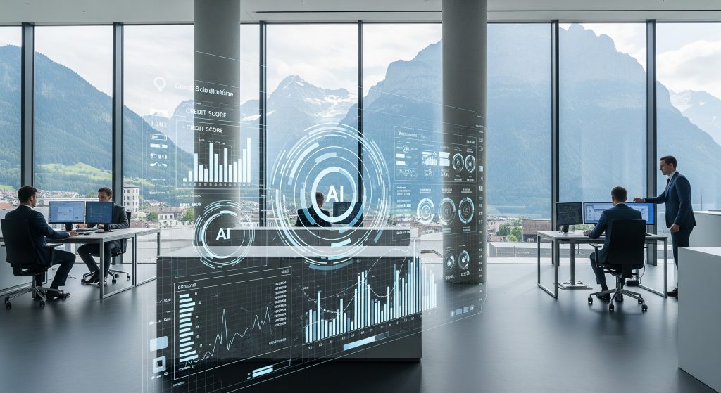 Swiss bank using AI technologies to analyze credit risk, with financial data interfaces and analysts collaborating with machine learning tools