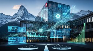 Swiss bank building with AI technology and ethics symbols representing responsible AI training programs.