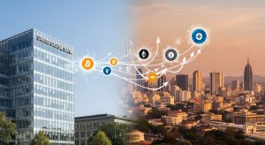 Swiss bank building and African city skyline connected by digital currency icons, illustrating financial partnership and wealth flow.