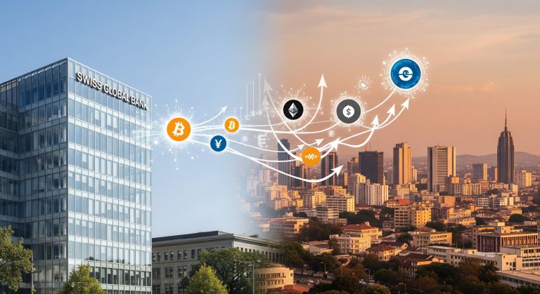 Swiss bank building and African city skyline connected by digital currency icons, illustrating financial partnership and wealth flow.