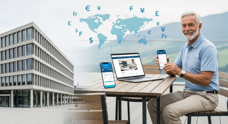 Swiss bank building with a cross-border retiree using digital banking tools, illustrating international retirement planning and secure financial management."