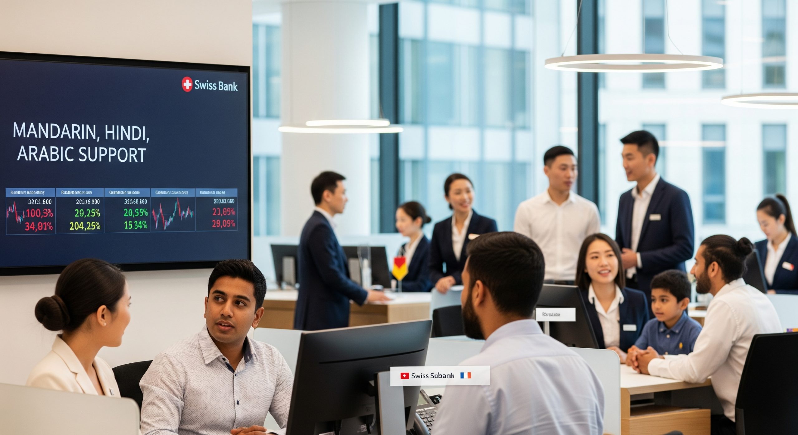 Swiss bank staff assisting Asian clients with multilingual support, enhancing communication and trust in financial services.