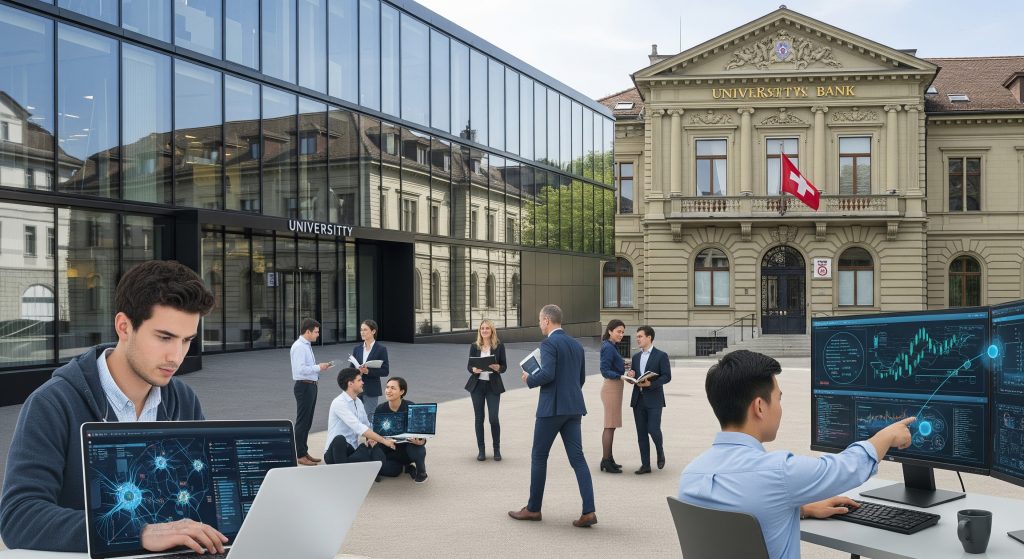 Realistic view of a Swiss bank building next to a university campus with students and researchers working on AI technology, illustrating collaboration and innovation in finance.
