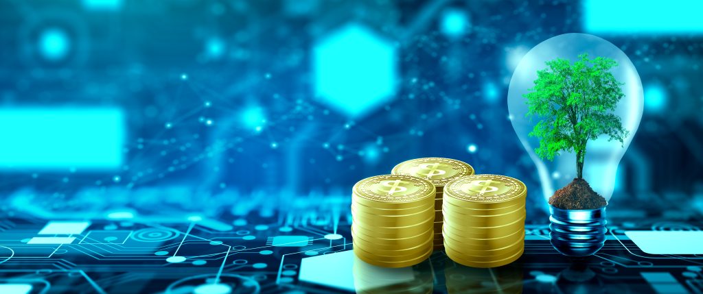 An illustration representing ethical banking in 2025, showing a green tree growing inside a lightbulb next to sticks of coins, all set against a futuristic technology background. This symbolizes the integration of sustainable growth, finance, and modern technology.