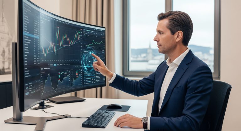 Swiss private banker analyzing client portfolio using active investment strategies in a digital workspace