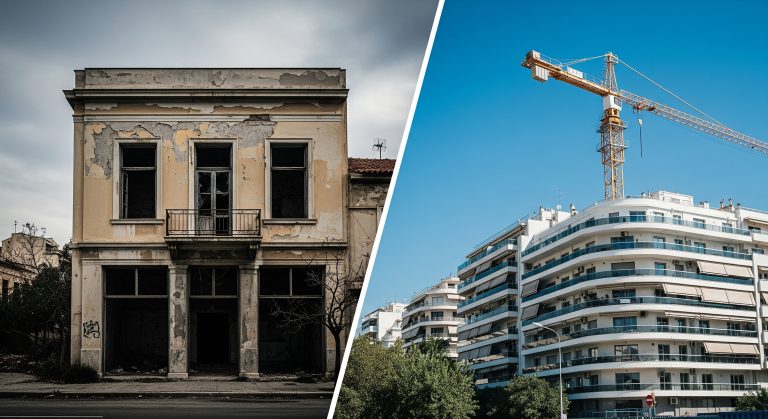 A split image of abandoned buildings and modern real estate in Greece, symbolizing the impact of property recovery on the Greek banking sector