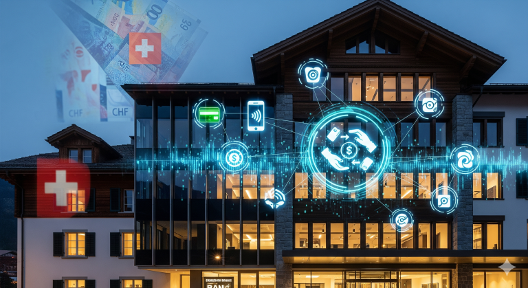 Swiss bank building combining traditional architecture with digital overlays, representing the transition to a cashless economy with mobile payments and fintech innovations.