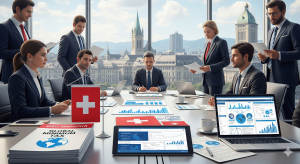 Illustration of Swiss banking adapting to Global Minimum Tax with digital banking visuals, Swiss flag, and financial charts showing regulatory shift.