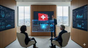 Swiss private banking integrating WealthTech with AI dashboards, holographic financial data, and advisors using advanced digital tools.