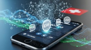 Swiss digital wallet interface on smartphone with futuristic fintech elements, currency icons, and Swiss flag background.