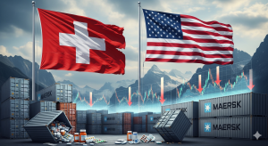 Illustration showing US tariffs affecting Switzerland's economy with flags, cargo, and financial charts.