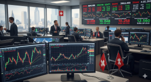 Financial market volatility creating opportunities for brokers with trading screens, stock charts, and global finance visuals.