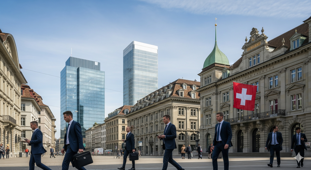 Zurich financial district with Swiss flag representing Switzerland’s upgrade of financial market laws for global cooperation.