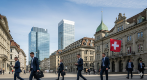 Zurich financial district with Swiss flag representing Switzerland’s upgrade of financial market laws for global cooperation.