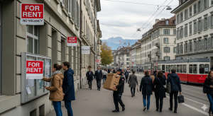 Swiss residential buildings with no vacancy signs highlighting Switzerland’s historic housing shortage in 2025.