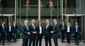 Swiss bank headquarters in Zurich with professionals outside, reflecting new oversight funding measures against financial crime.