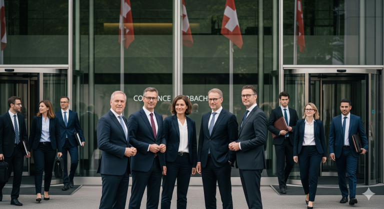 Swiss bank headquarters in Zurich with professionals outside, reflecting new oversight funding measures against financial crime.