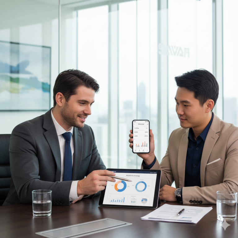 Financial advisor guiding a client using both digital banking tools and personalized consultation in a modern office.