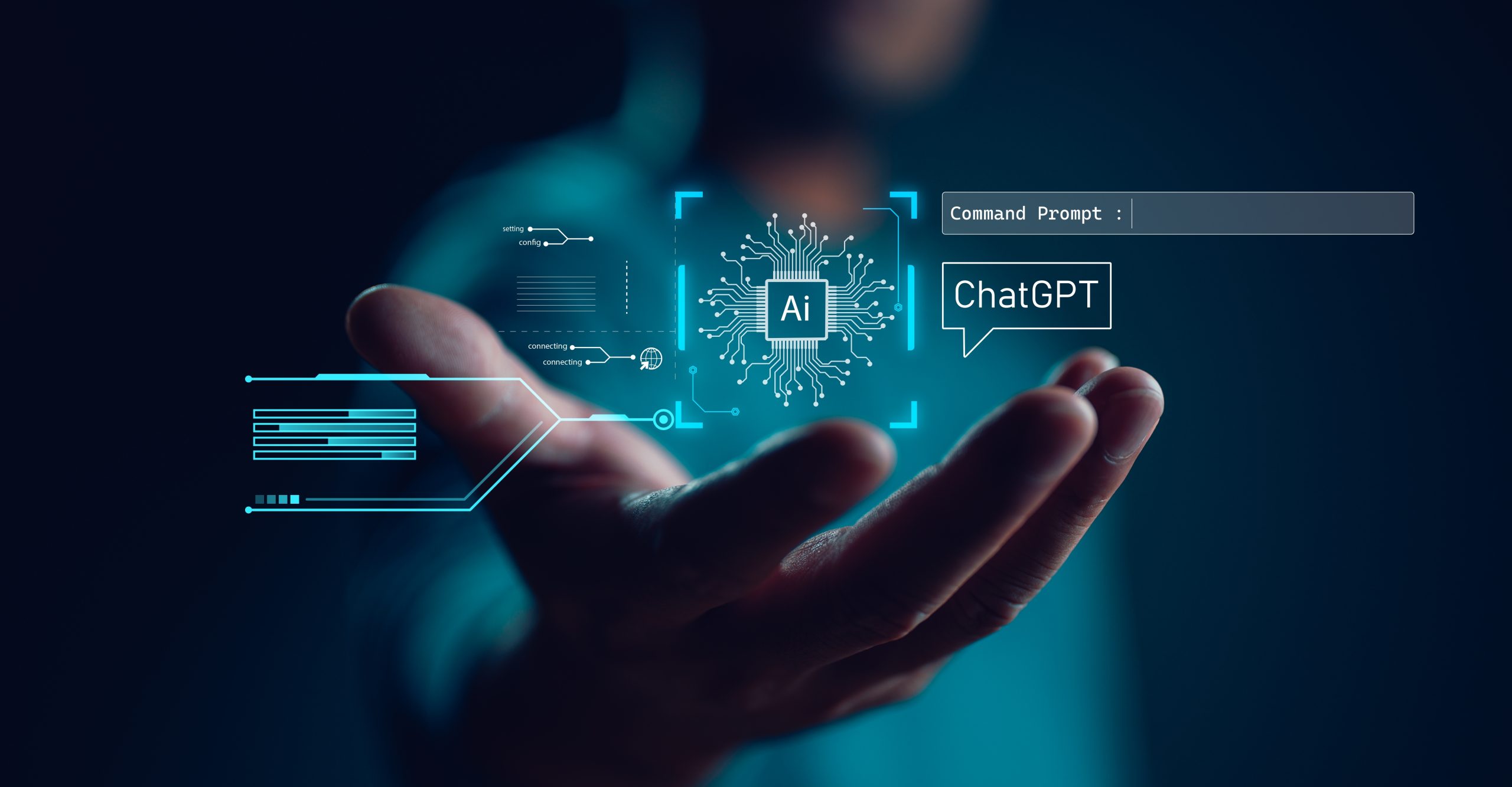 A person's hand holds a glowing, holographic interface that features an AI microprocessor icon and a ChatGPT command prompt. The image symbolizes the advanced artificial intelligence revolution that, as the 2025 article discusses, poses a disruptive challenge to traditional institutions like Swiss banks.